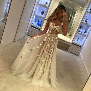 SPAGHETTI STRAPS OPEN BACK FLOWERS CHIC EVENING GOWN CORSET ILLUSION TULLE PROM PARTY GOWNS HZ1023